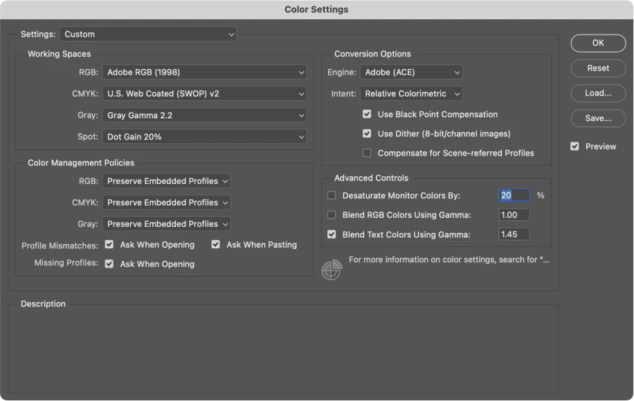 Photoshop Color Settings Dialog